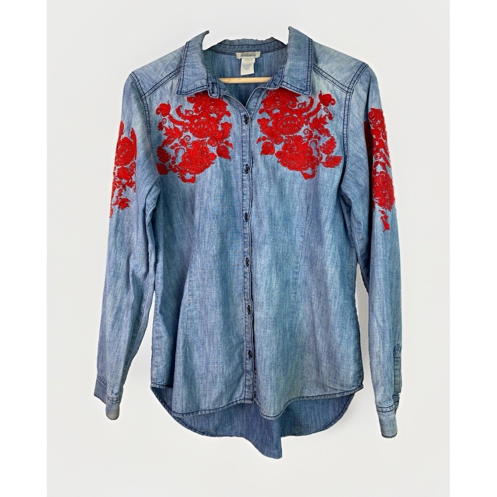 Sundance Women's M Faded Blue Chambray Red Embroidered Button Up Shirt